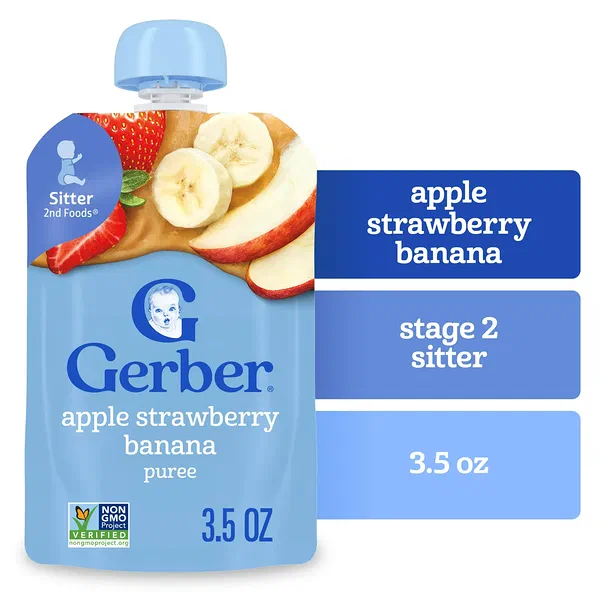 GERBER ORGANIC PEAR, PEACH AND STRAWBERRY FRUIT PUREE 99G