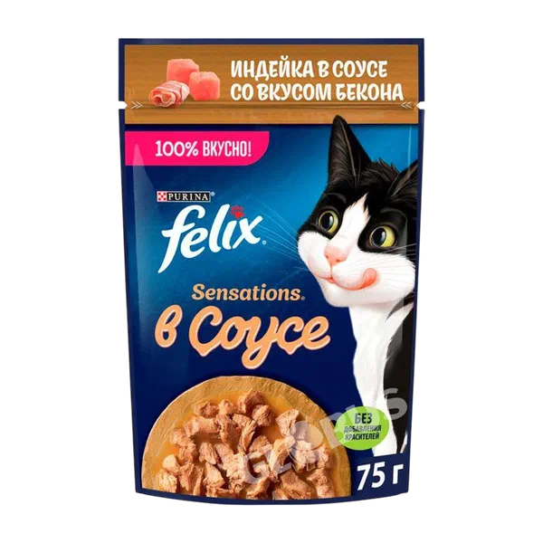 Корм д/кошек Felix Sensations индейка/бекон в соусе 75г