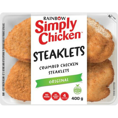 Rainbow Simply Chicken Frozen Original Crumbed Chicken Steaklets 400g