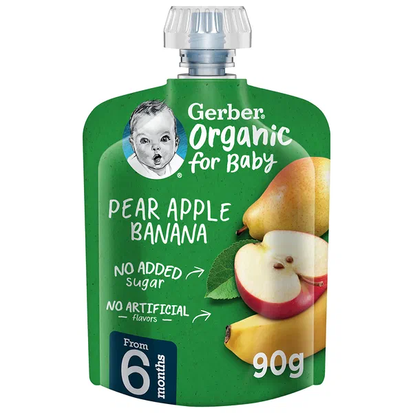 GERBER ORGANIC PEAR, APPLE AND BANANA SMOOTH PUREE 90G