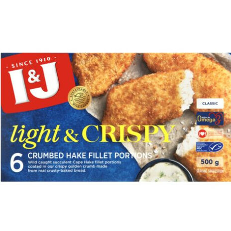 I&j - Light & Crispy Frozen Crumbed Hake Fillet Portions 500g