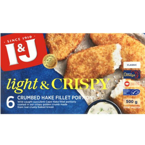 I&j - Light & Crispy Frozen Crumbed Hake Fillet Portions 500g