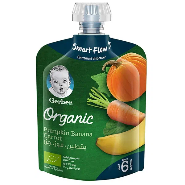 GERBER ORGANIC PUMPKIN, BANANA AND CARROT SMOOTH PUREE 90G