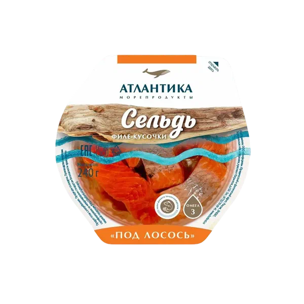 Пресерва Атлантика Сельдь филе-кусочки в масле под лосось 240гр Россия