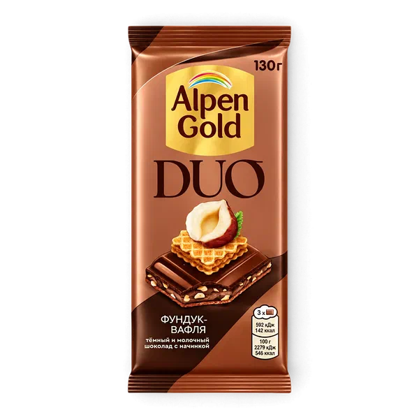 Шоколад Alpen Gold Duo какао/фундук/ваф крошка в карам 130г