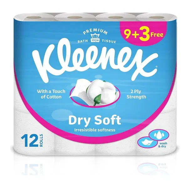 KLEENEX COTTONELLE EXTRA DRY TOILET PAPER ROLLS 9+3 FREE VALUE PACK