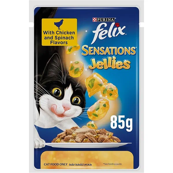 FELIX SENSATIONS CHICKEN AND SPINACH IN SAVORY JELLY 85G