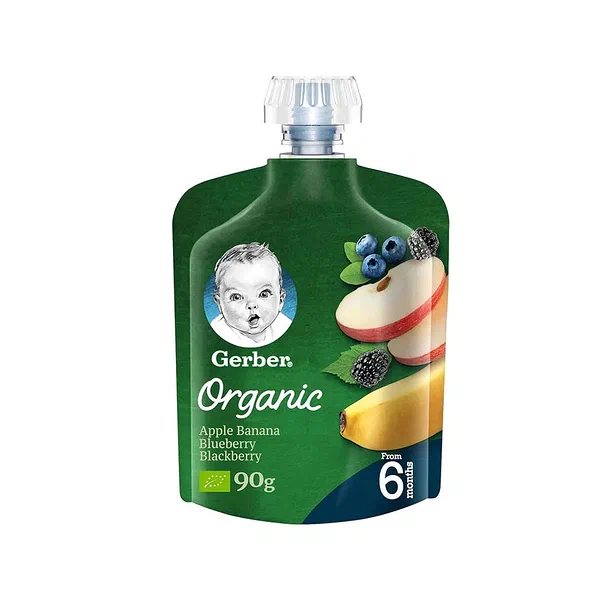 GERBER ORGANIC APPLE, BANANA AND BLUEBERRY SMOOTH PUREE 90G