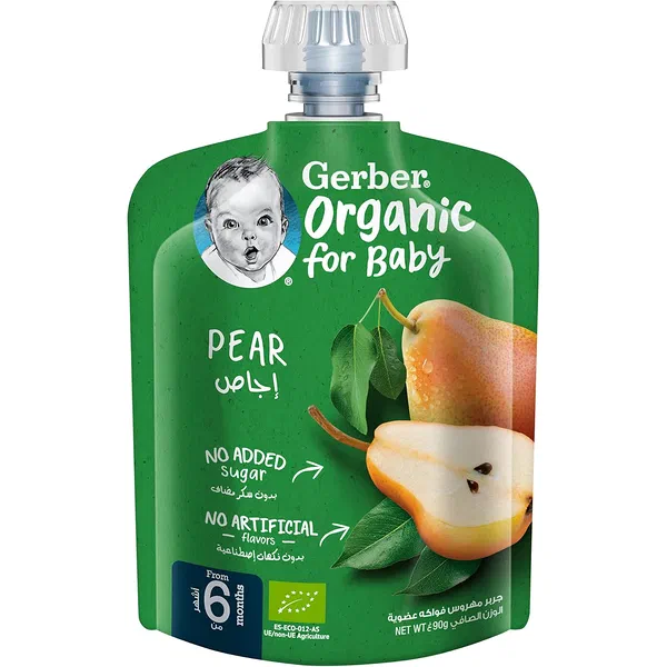 GERBER ORGANIC 100% PEAR PUREE SINGLE FRUIT POUCH 90G