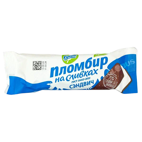 Мороженое Купино Пломбир-сэндвич ванильн.в шок.печенье 76г