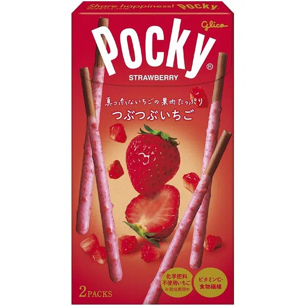 GLICO POCKY TSUBU STRAWBERRY 55G - STRAWBERRY CHUNK POCKY BREADSTICKS