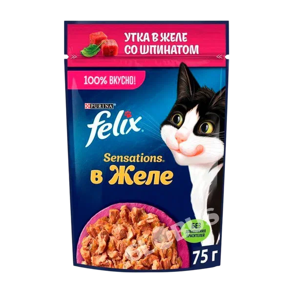 Корм д/кошек Felix Sensations утка/шпинат желе 75г