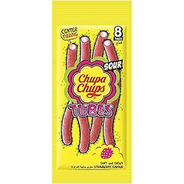 CHUPA CHUPS TUBES SOUR STRAWBERRY FILLED JELLY CANDY 80G