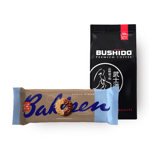 Кофе в зёрнах Black Katana Bushido и Печенье Bashlen Choco Rings, частично покрытое молочным шоколадом, посыпанное сахаром