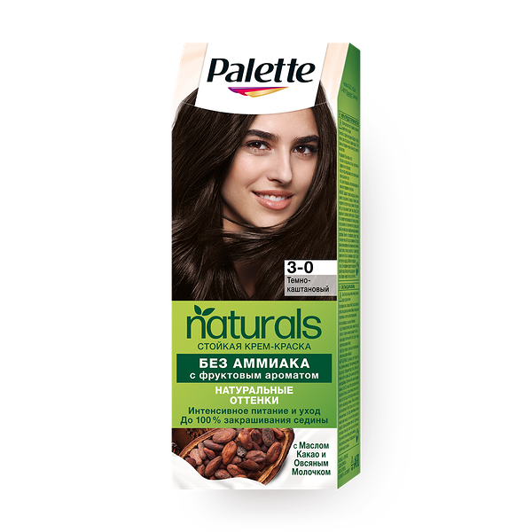 Крем-краска Palette Naturals 3-0 тёмно-каштановый с фруктовым ароматом без аммиака с маслом какао и овсяным молочком