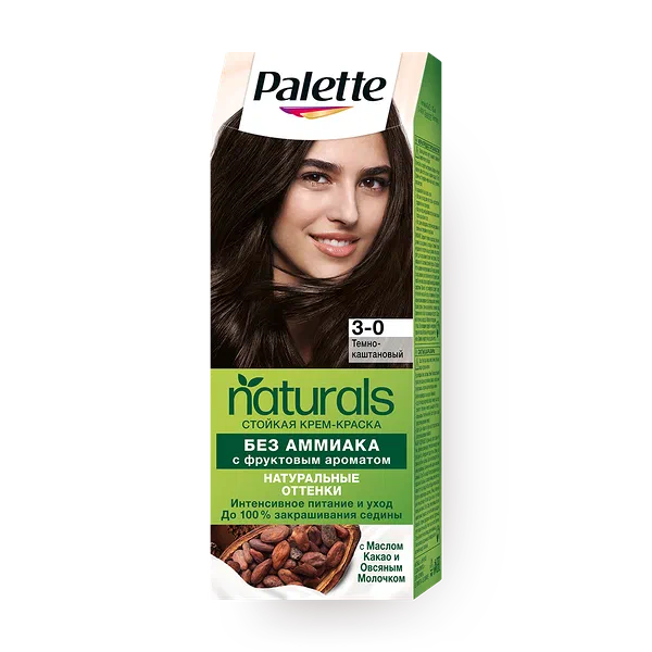 Крем-краска Palette Naturals 3-0 тёмно-каштановый с фруктовым ароматом без аммиака с маслом какао и овсяным молочком