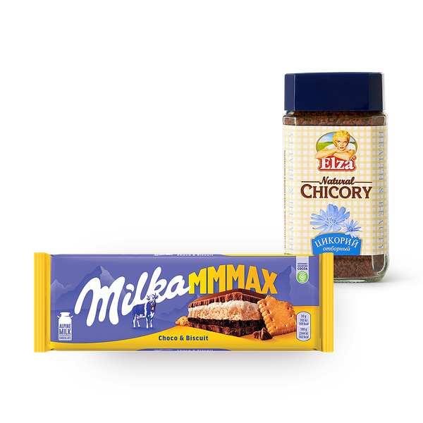 Цикорий Elza и Шоколад молочный Milka MMMAX с шоколадной и молочной начинкой и печеньем