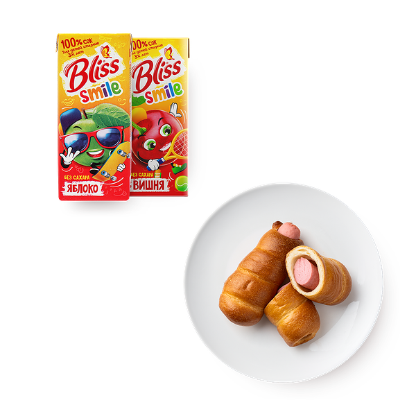 Сосиска в тесте Mazzali, 2 pc. + Сок яблочный осветлённый восстановленный Bliss, 200 ml + Сок яблоко-вишня осветлённый восстановленный Bliss, 200 ml