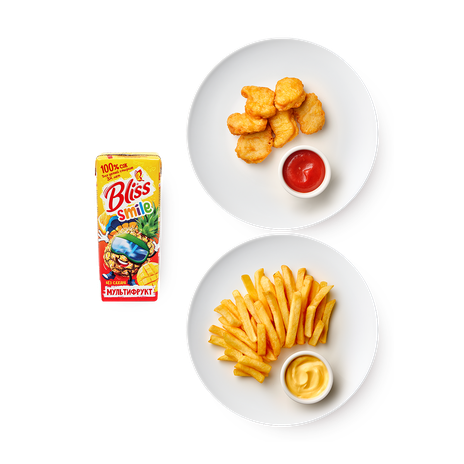 Малая порция наггетсы с кетчупом, 6 шт, 95 g + Малая порция Картофель фри с сырным соусом, 100 g + Сок мультифрукт восстановленный Bliss, 200 ml
