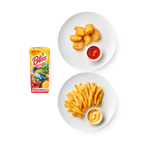 Малая порция наггетсы с кетчупом, 6 шт, 95 g + Малая порция Картофель фри с сырным соусом, 100 g + Сок мультифрукт восстановленный Bliss, 200 ml