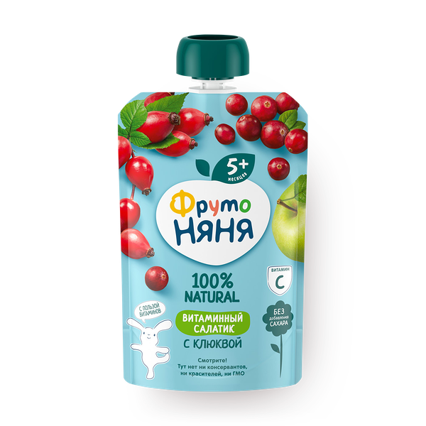 Фруктовое пюре «Фрутоняня» витаминный салатик яблоко-шиповник-клюква