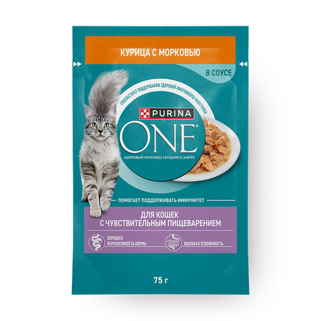 Влажный корм для кошек Purina One с чувствительным пищеварением с курицей и морковью