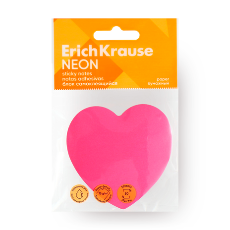 Блок самоклеящийся бумажный Erich Krause Heart Neon 75х75 мм 50 листов розовый