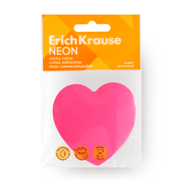 Блок самоклеящийся бумажный Erich Krause Heart Neon 75х75 мм 50 листов розовый