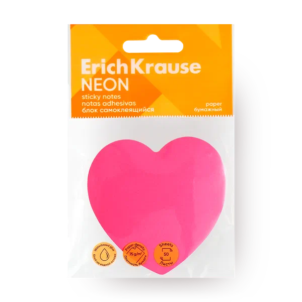 Блок самоклеящийся бумажный Erich Krause Heart Neon 75х75 мм 50 листов розовый