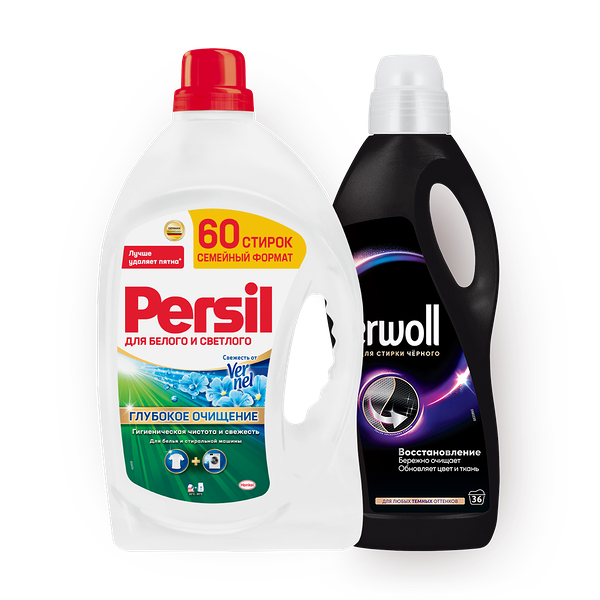 Гель для стирки Persil Свежесть от Vernel, 3.9 L + Гель для стирки Perwoll Восстановление Черного 3D, 2 L