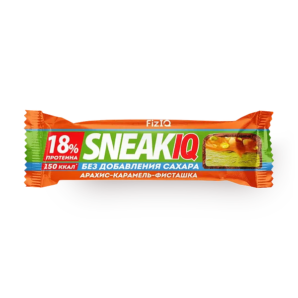 Батончик протеиновый Sneakiq FizIQ карамель-арахис-фисташка без добавления сахара