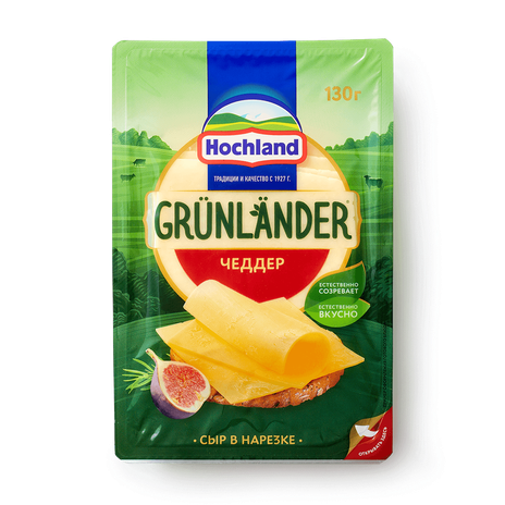 Сыр полутвёрдый Чеддер Grunlander Hochland 50% нарезка