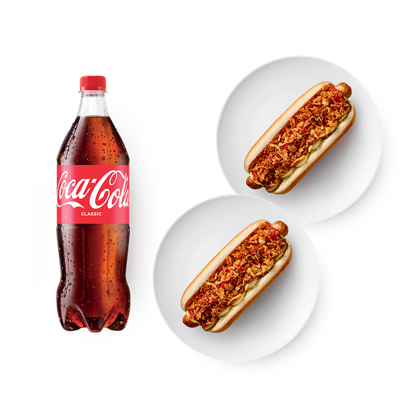 Два хот-дога без горчицы «Из Лавки», 190 g и Напиток Coca-Cola Classic, 1 L