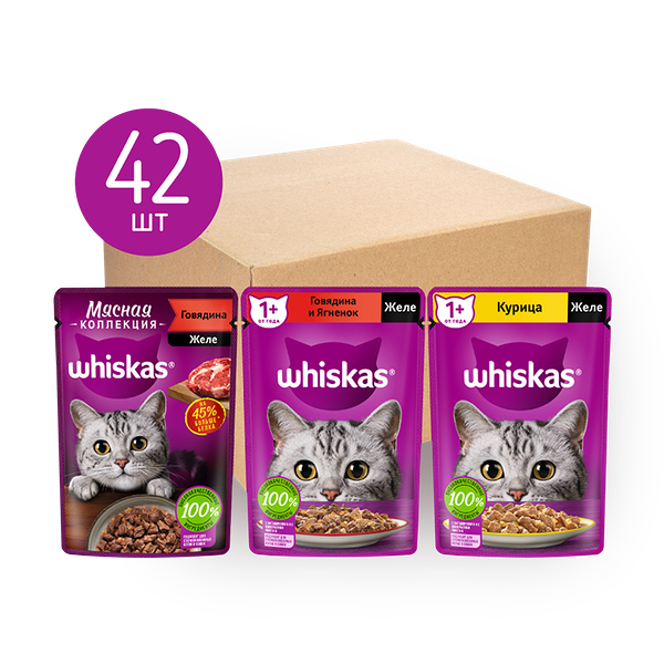 Влажный корм для кошек Whiskas мультпак курица в желе, мясная коллекция, ягнёнок в желе