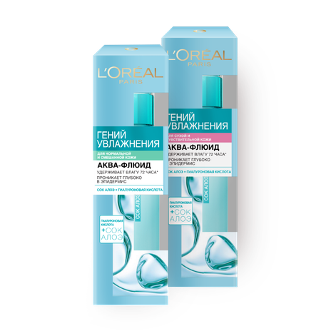 Аква-флюид для лица L'Oreal Гений увлажнения, 70 ml и Аква-флюид для лица L'Oreal Paris гений увлажнения для сухой и чувствительной кожи, 70 ml