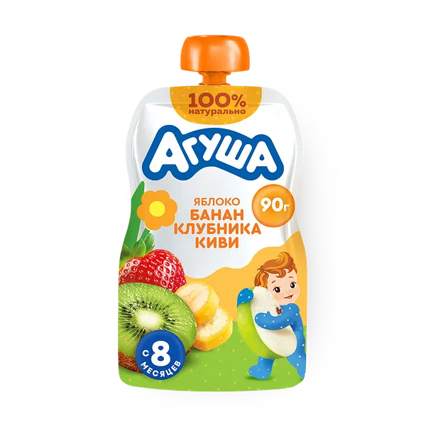 Пюре фруктовое «Агуша» с яблоком, бананом, клубникой и киви, с 8 месяцев