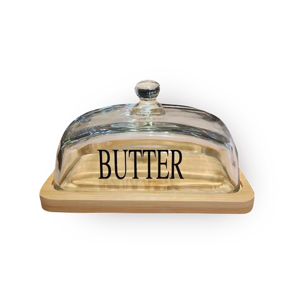 Маслёнка с бамбуковой подставкой и стеклянной крышкой