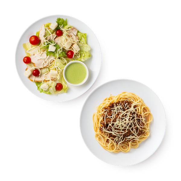 Спагетти Болоньезе Mazzali и Цезарь с курицей Mazzali