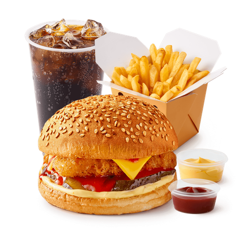Бургер куриный острый «Из Лавки» + Большая порция Картофель фри с сырным соусом и кетчупом «Из Лавки» + Напиток Лимонад Coca-Cola со льдом «Из Лавки», 370 ml