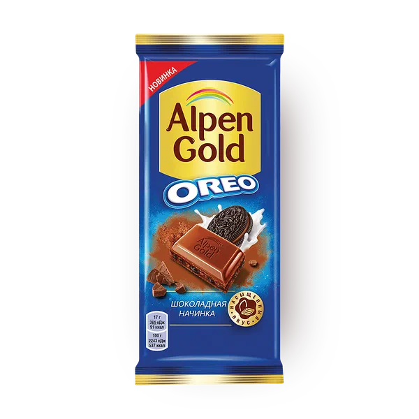 Шоколад молочный Alpen Gold Oreo с шоколадной начинкой и кусочками печенья