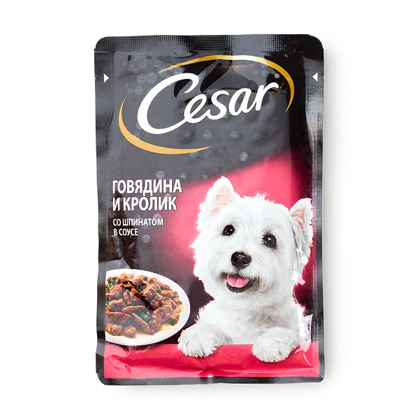 Влажный корм для собак Cesar говядина и кролик со шпинатом в соусе