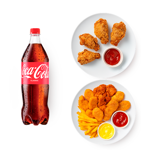 Сет Куриный попкорн, стрипсы, наггетсы и картофель фри «Из Лавки» + Крылышки острые + Напиток Coca-Cola Classic