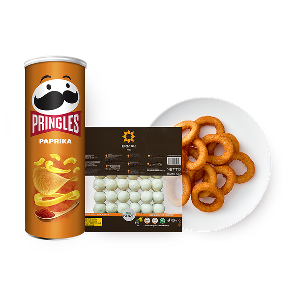 Чипсы Pringles со вкусом паприки 165 g + Большая порция луковые кольца 200 g + Курт Ermak 150 g