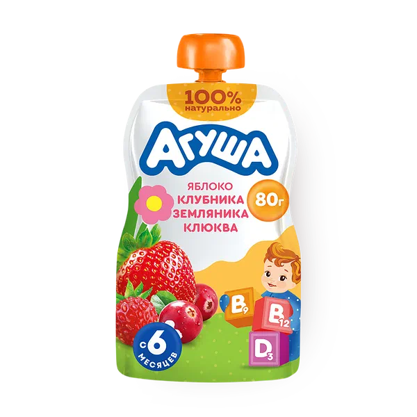 Фруктово-ягодное пюре «Агуша» Укрепляй-ка яблоко-клубника-земляника-клюква, для детей с 6 месяцев
