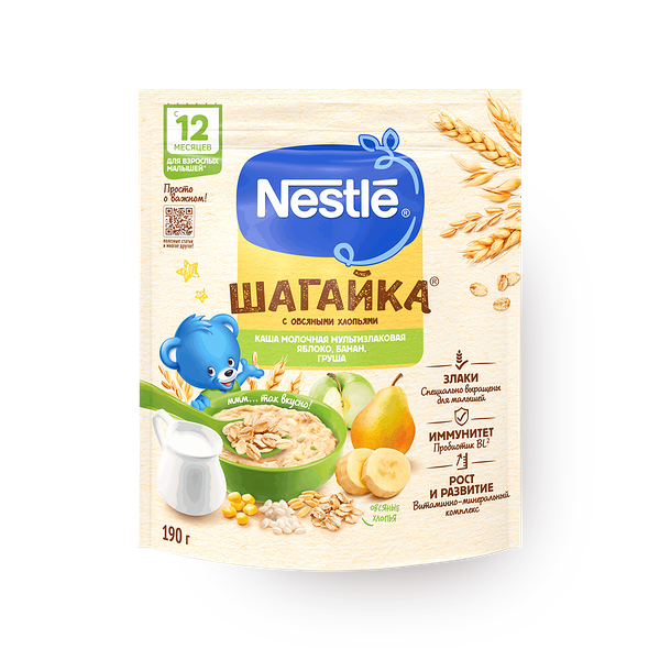Каша мультизлаковая молочная Nestle Шагайка груша-яблоко-банан с 12 месяцев