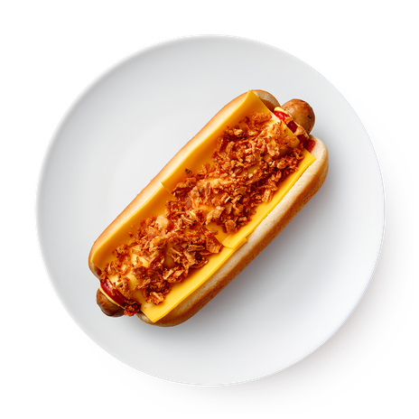 Хот-дог с запечённым сыром чеддер и говяжьей колбаской