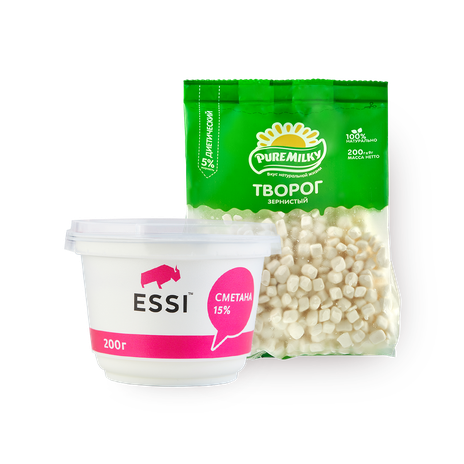 Сметана 15% Essi, 180 g + Творог зернёный 5% Pure Milky, 200 g