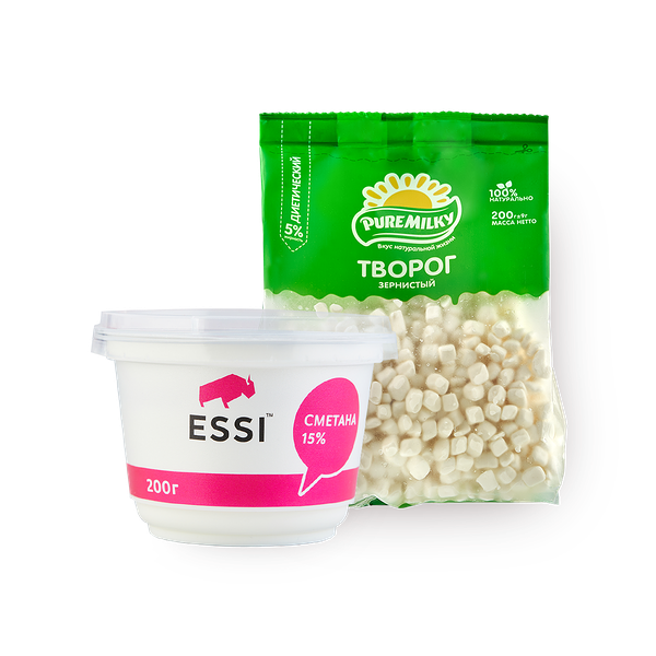 Сметана 15% Essi, 180 g + Творог зернёный 5% Pure Milky, 200 g