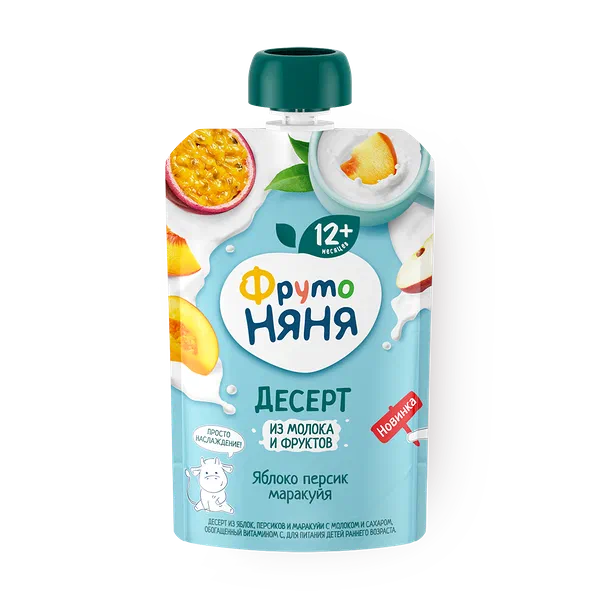 Десерт «Фрутоняня» из яблок, персиков и маракуйи с молоком и сахаром