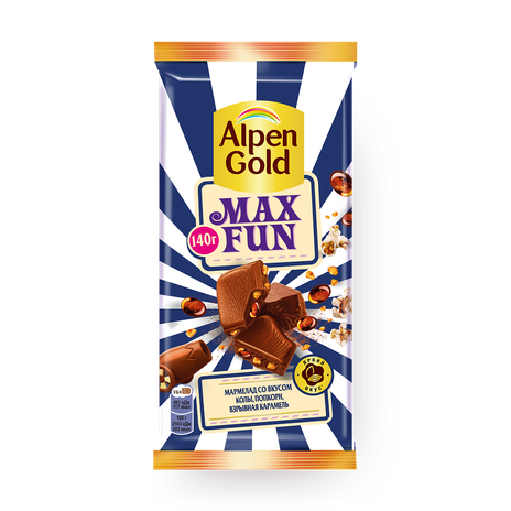 Шоколад молочный Alpen Gold Max Fun мармелад со вкусом колы, попкорн, взрывная карамель